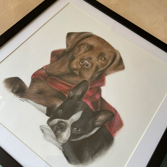 Retrato personalizado de 2 mascotas a mano · Lápices de color · 40 × 40 cm