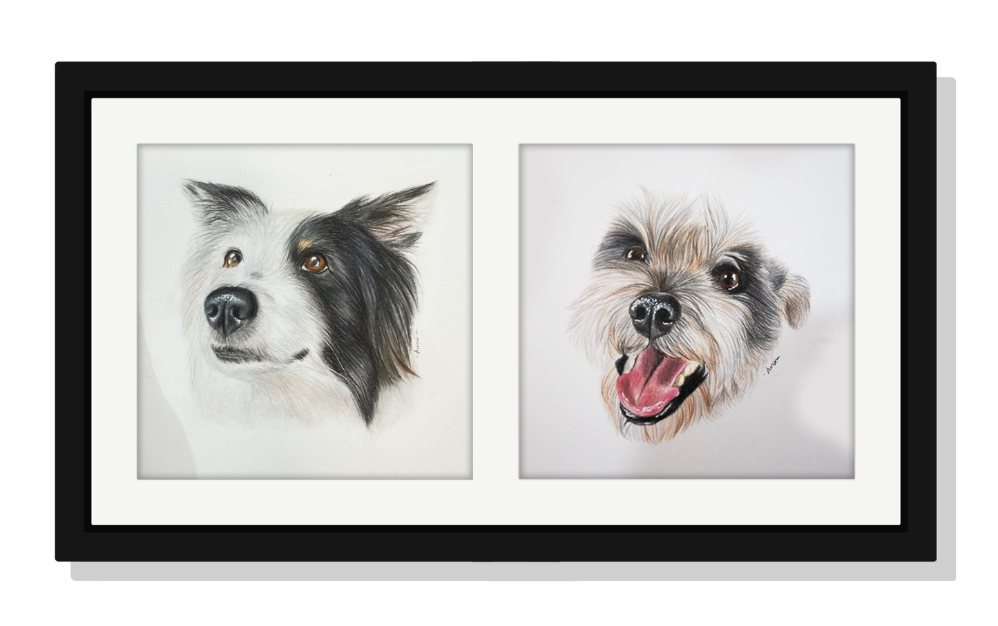 Retrato personalizado para 2 mascotas a mano · Lápices de color · 47.5 x 25 cm