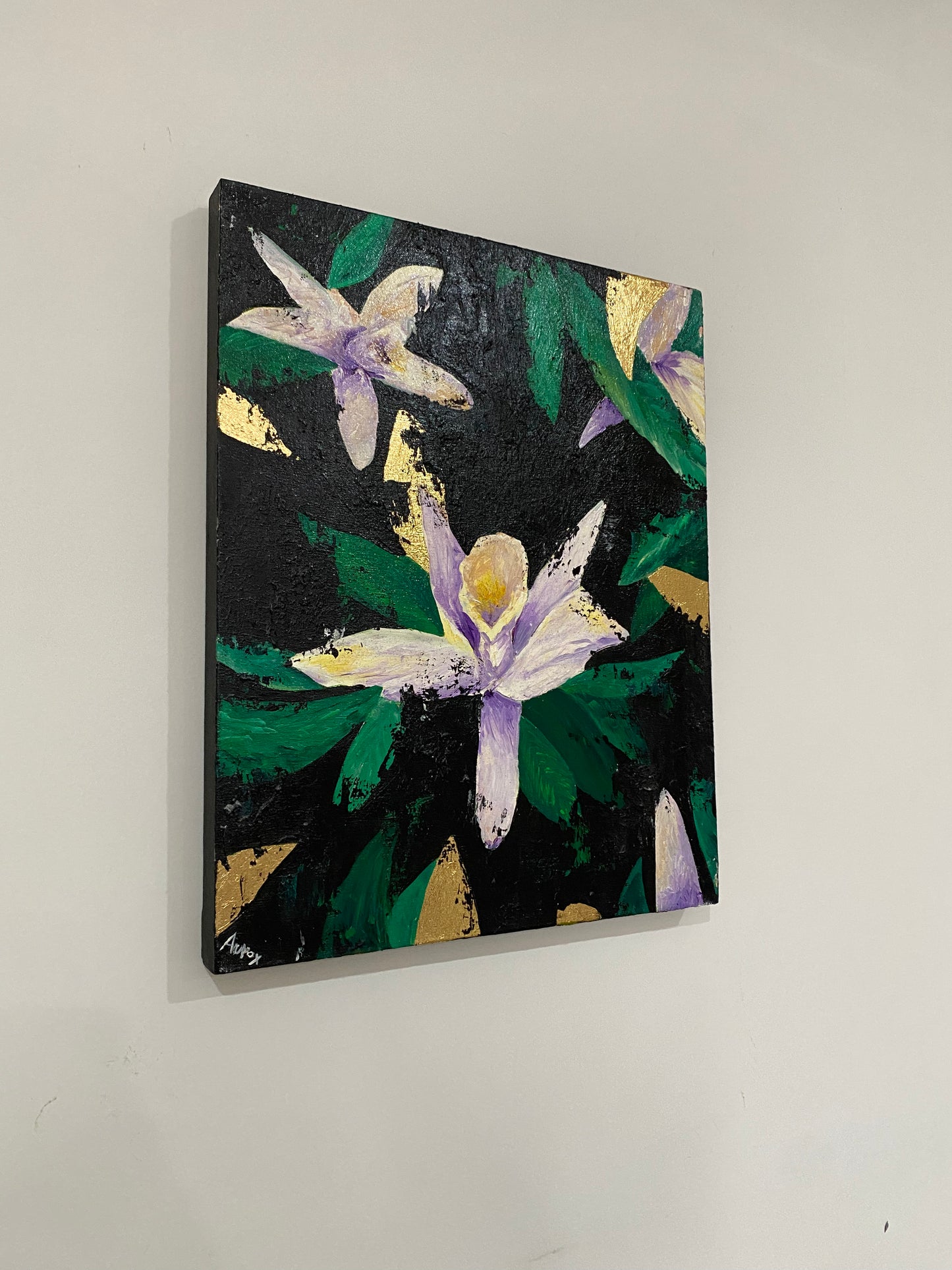 Acrylic Painting With Foil Orchids 40 X 50 With Green