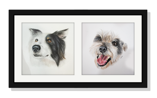 Retrato personalizado para 2 mascotas a mano · Lápices de color · 47.5 x 25 cm