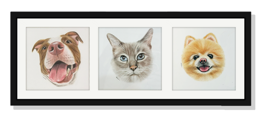 Retrato personalizado para 3 mascotas a mano · Lápices de color · 70 x 25 cm